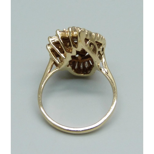 1012 - A 1970's 14ct gold and diamond cocktail ring, N, 5.5g, 38 diamonds and total diamond weight of 1.10c... 