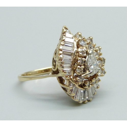 1012 - A 1970's 14ct gold and diamond cocktail ring, N, 5.5g, 38 diamonds and total diamond weight of 1.10c... 