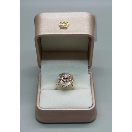 1012 - A 1970's 14ct gold and diamond cocktail ring, N, 5.5g, 38 diamonds and total diamond weight of 1.10c... 