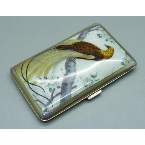 1027 - An early 20th Century German silver cigarette case with enamel front, bird of paradise with gold iri... 