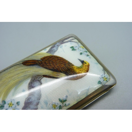 1027 - An early 20th Century German silver cigarette case with enamel front, bird of paradise with gold iri... 