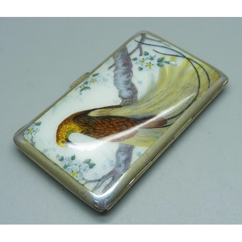 1027 - An early 20th Century German silver cigarette case with enamel front, bird of paradise with gold iri... 