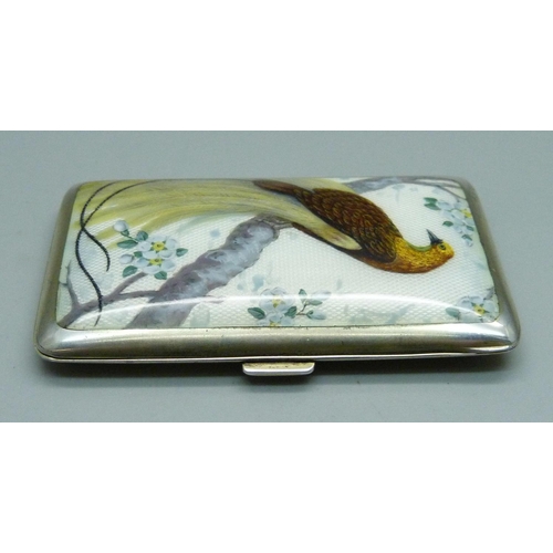 1027 - An early 20th Century German silver cigarette case with enamel front, bird of paradise with gold iri... 