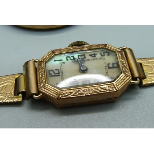 1032 - A 9ct gold Excalibur wristwatch and a lady's 9ct gold cased wristwatch on a plated bracelet