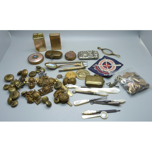 1066 - Assorted items; compact, vesta cases, lighters, cufflinks, uniform buttons, etc.