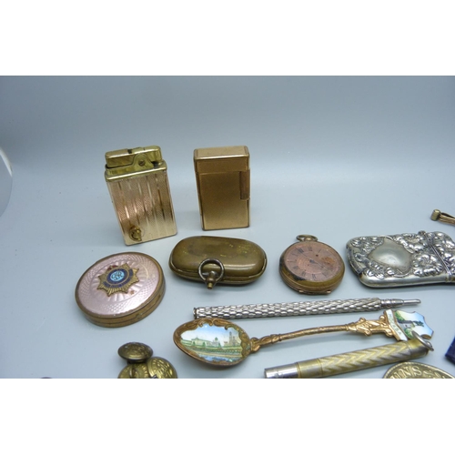 1066 - Assorted items; compact, vesta cases, lighters, cufflinks, uniform buttons, etc.