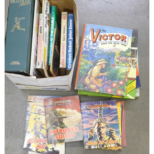 1070 - A box of Cricket books, The Bradman Albums and others, Commando Magazines and other annuals **PLEASE... 