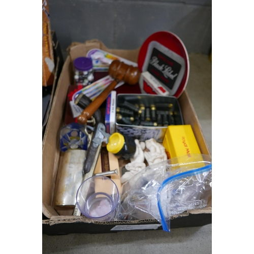 1085 - A Gunn & Moore cricket mallet, fire extinguisher, breweriana and other assorted items, two boxes **P... 