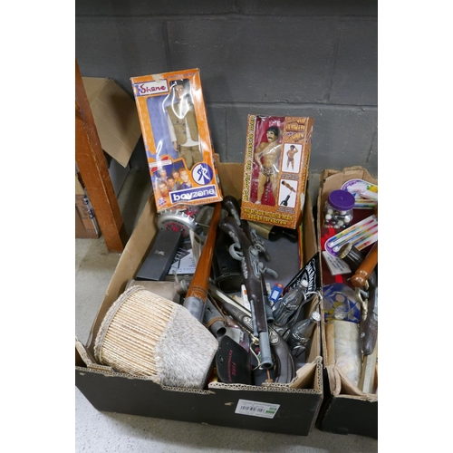 1085 - A Gunn & Moore cricket mallet, fire extinguisher, breweriana and other assorted items, two boxes **P... 