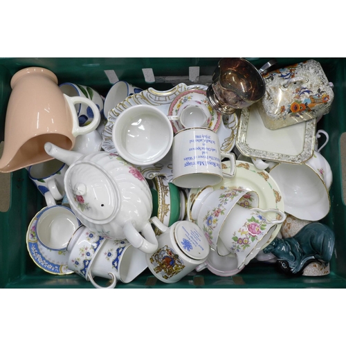 1104 - A box of assorted decorative teawares, Royal Windsor Trellis Rose, Royal Grafton, Sheridan Ironstone... 