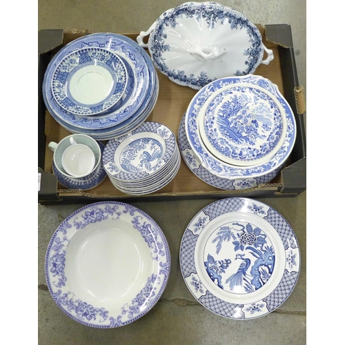 1105 - Blue and White china, Wood & Son Yuan dinner plates and bowls, Willow pattern plates and bowls, Roya... 