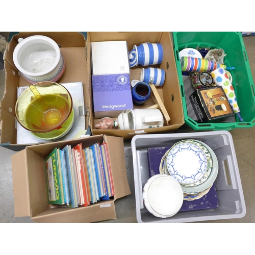 1127 - Five boxes of china and household items and a box of annuals **PLEASE NOTE THIS LOT IS NOT ELIGIBLE ... 