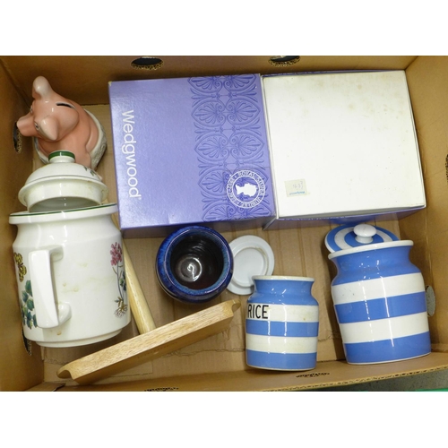 1127 - Five boxes of china and household items and a box of annuals **PLEASE NOTE THIS LOT IS NOT ELIGIBLE ... 