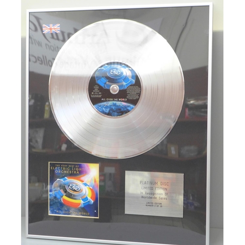 604 - An ELO Platinum Disc, Limited Edition, in recognition of Worldwide sales,  Number 2 of 20, All Over ... 