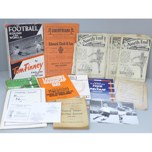 624 - Football; Preston North End 1940's programmes (14) and annuals, A Tom Finney book, etc.