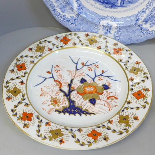 652 - An 18th Century Chinese porcelain plate, Crown Derby plate and creamware plate and two 19th Century ... 