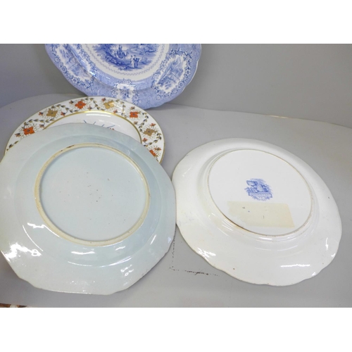 652 - An 18th Century Chinese porcelain plate, Crown Derby plate and creamware plate and two 19th Century ... 