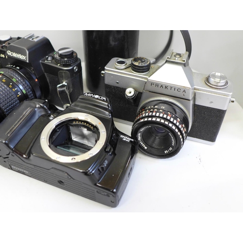 660 - Six 35mm cameras including Rolleiflex, Praktica, Minolta and Nikon