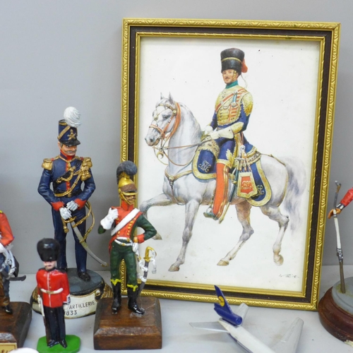 663 - Metal model soldiers including Britains, a print and a model airliner