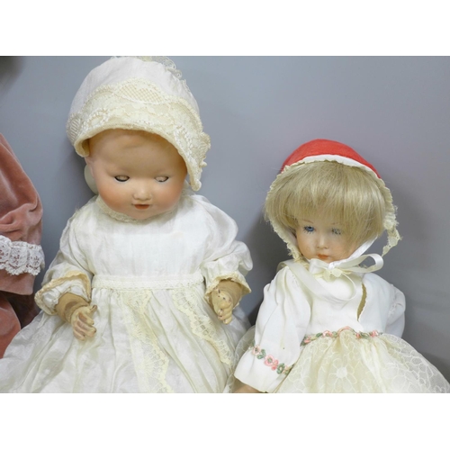 700A - Four porcelain dolls; Byron BD5, AM Germany 352/3, Otto Kunz 6789/40 and A9T GW back stamps