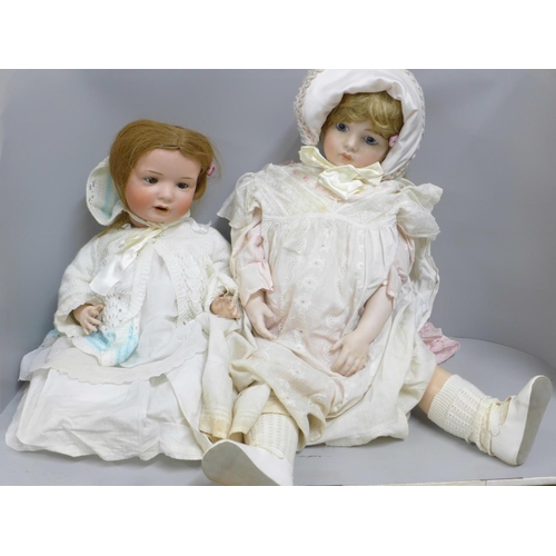 700C - Two porcelain and composition dolls, Bru Jne 13 back stamp with fixed eyes and 585 13 Germany back s... 