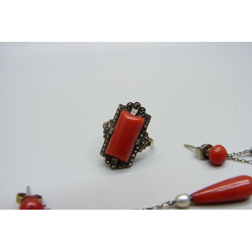 1007 - A pair of coral, onyx and pearl drop earrings and a 9ct gold and silver set Art Deco coral ring, siz... 