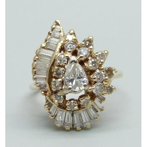 1012 - A 1970's 14ct gold and diamond cocktail ring, N, 5.5g, 38 diamonds and total diamond weight of 1.10c... 