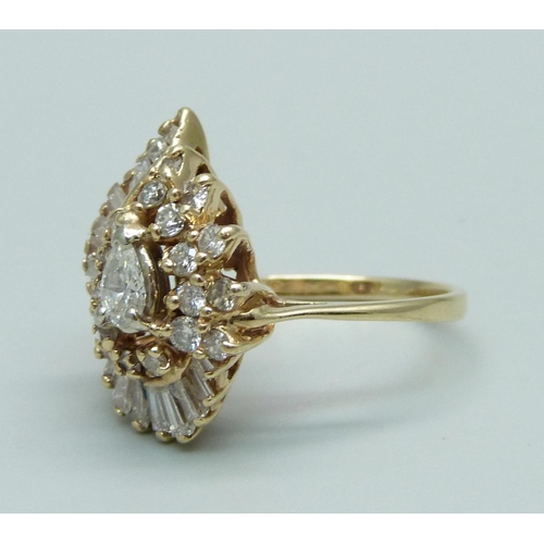 1012 - A 1970's 14ct gold and diamond cocktail ring, N, 5.5g, 38 diamonds and total diamond weight of 1.10c... 