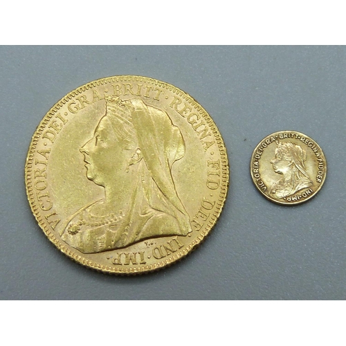 1015 - A 1900 gold full-sovereign and a miniature 1901 gold 'coin', (small coin 0.2g)