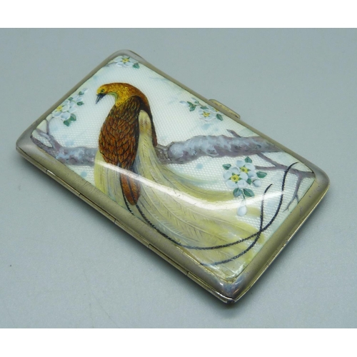 1027 - An early 20th Century German silver cigarette case with enamel front, bird of paradise with gold iri... 