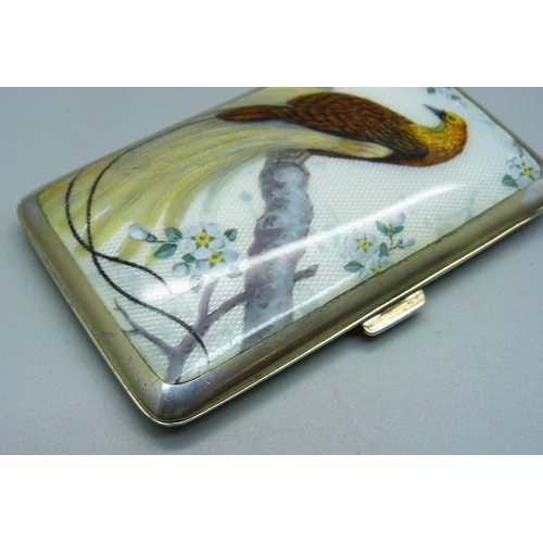 1027 - An early 20th Century German silver cigarette case with enamel front, bird of paradise with gold iri... 