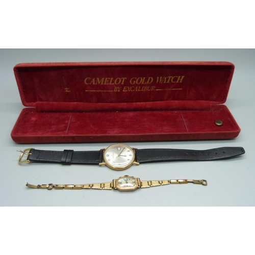 1032 - A 9ct gold Excalibur wristwatch and a lady's 9ct gold cased wristwatch on a plated bracelet