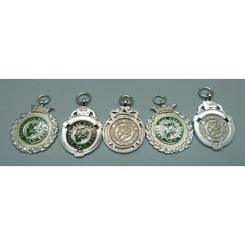 1038 - Five silver cycling club fob medals, including three enamelled, Broad Oak Road Club, 44g