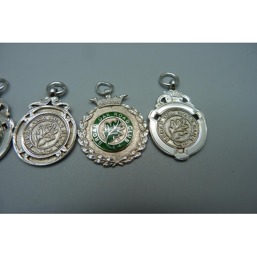 1038 - Five silver cycling club fob medals, including three enamelled, Broad Oak Road Club, 44g