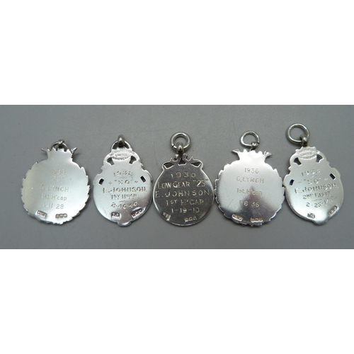 1038 - Five silver cycling club fob medals, including three enamelled, Broad Oak Road Club, 44g