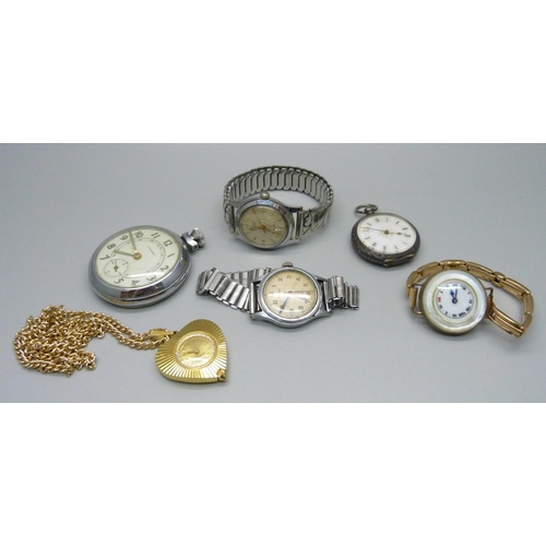 1041 - A silver fob watch, a pocket watch, mechanical wristwatches and a pendant watch