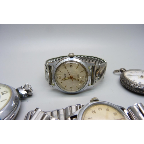 1041 - A silver fob watch, a pocket watch, mechanical wristwatches and a pendant watch