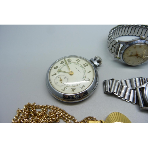 1041 - A silver fob watch, a pocket watch, mechanical wristwatches and a pendant watch