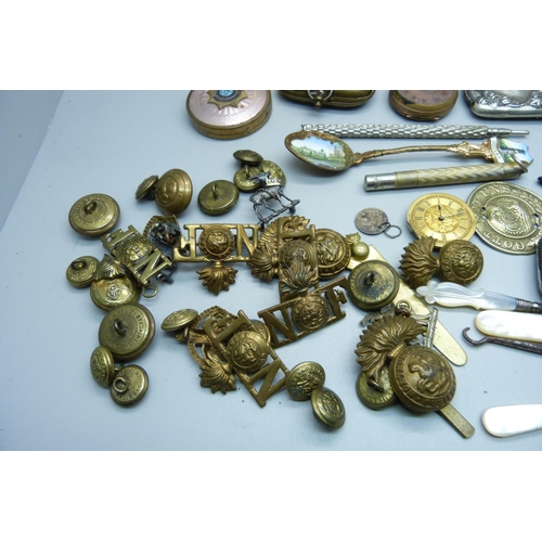 1066 - Assorted items; compact, vesta cases, lighters, cufflinks, uniform buttons, etc.