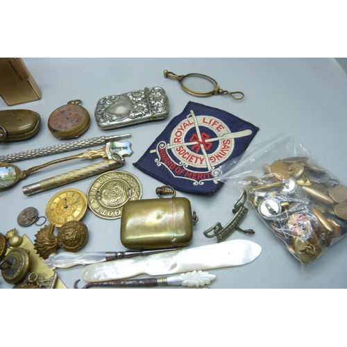 1066 - Assorted items; compact, vesta cases, lighters, cufflinks, uniform buttons, etc.