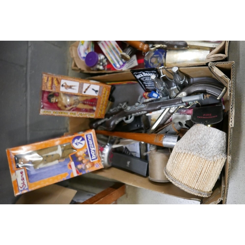 1085 - A Gunn & Moore cricket mallet, fire extinguisher, breweriana and other assorted items, two boxes **P... 