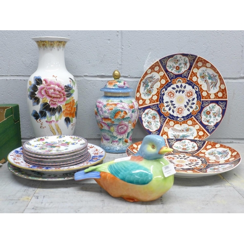 1091 - Oriental vases, Islamic chargers and a Hollohaza Hungary bird figure **PLEASE NOTE THIS LOT IS NOT E... 