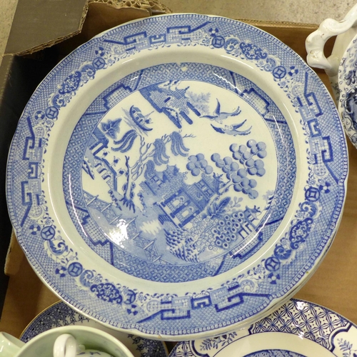 1105 - Blue and White china, Wood & Son Yuan dinner plates and bowls, Willow pattern plates and bowls, Roya... 