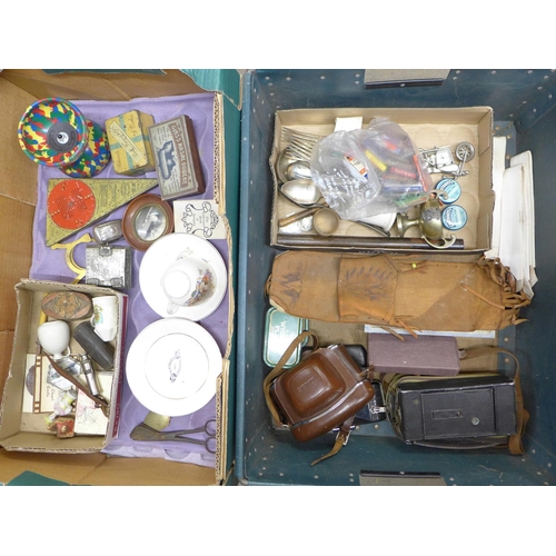 1111 - Two boxes of assorted items; plated cutlery, Cameras including vintage Kodak, matchbooks, whistle, b... 