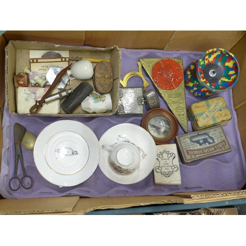 1111 - Two boxes of assorted items; plated cutlery, Cameras including vintage Kodak, matchbooks, whistle, b... 