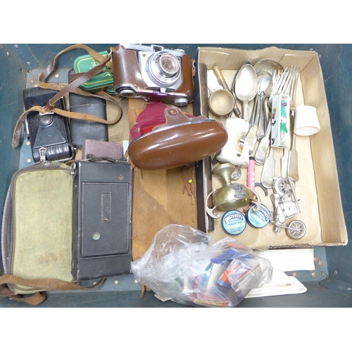 1111 - Two boxes of assorted items; plated cutlery, Cameras including vintage Kodak, matchbooks, whistle, b... 