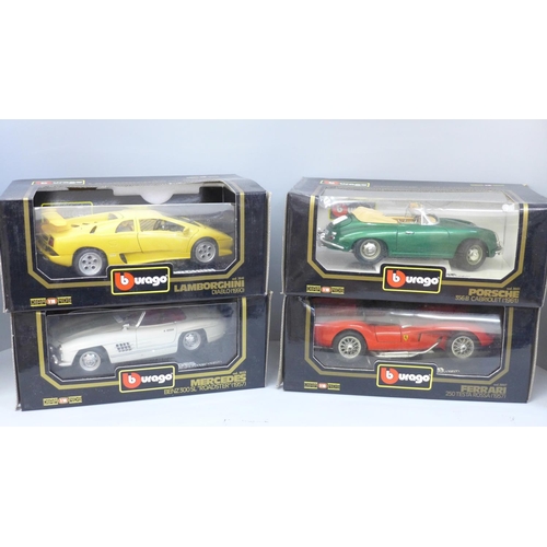 608 - Four Burago die-cast metal 1/18 scale sports cars, Porsche 356B Cabriolet, Ferrari 250 Testa Rossa, ... 