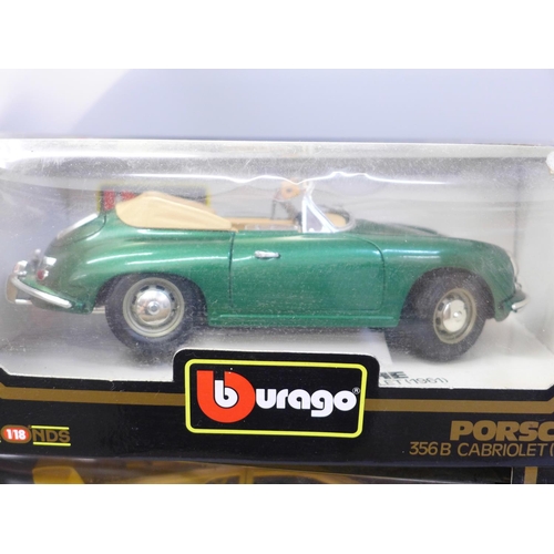 608 - Four Burago die-cast metal 1/18 scale sports cars, Porsche 356B Cabriolet, Ferrari 250 Testa Rossa, ... 