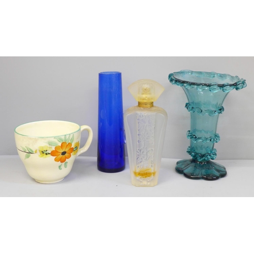 615 - A Givenchy frosted perfume bottle, 13cm, a Bristol blue miniature pitcher, a Victorian turquoise gla... 