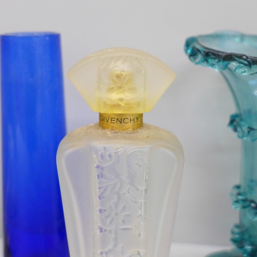 615 - A Givenchy frosted perfume bottle, 13cm, a Bristol blue miniature pitcher, a Victorian turquoise gla... 